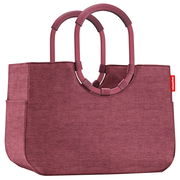 Rote Einkaufstasche mit zwei großen, runden Griffen, seitliche Perspektive