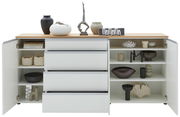Frontale Ansicht eines XL-Sideboards 225 mit offenen Türen und Schubladen, dekoriert mit Vasen und Skulpturen.
