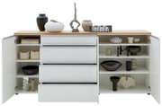 Vooraanzicht van een XL-dressoir 225 met open deuren en lades, versierd met vazen en beeldjes.