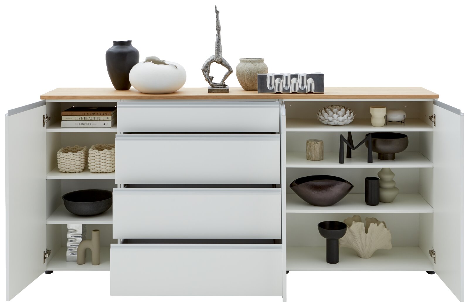 Vooraanzicht van een XL-dressoir 225 met open deuren en lades, versierd met vazen en beeldjes.