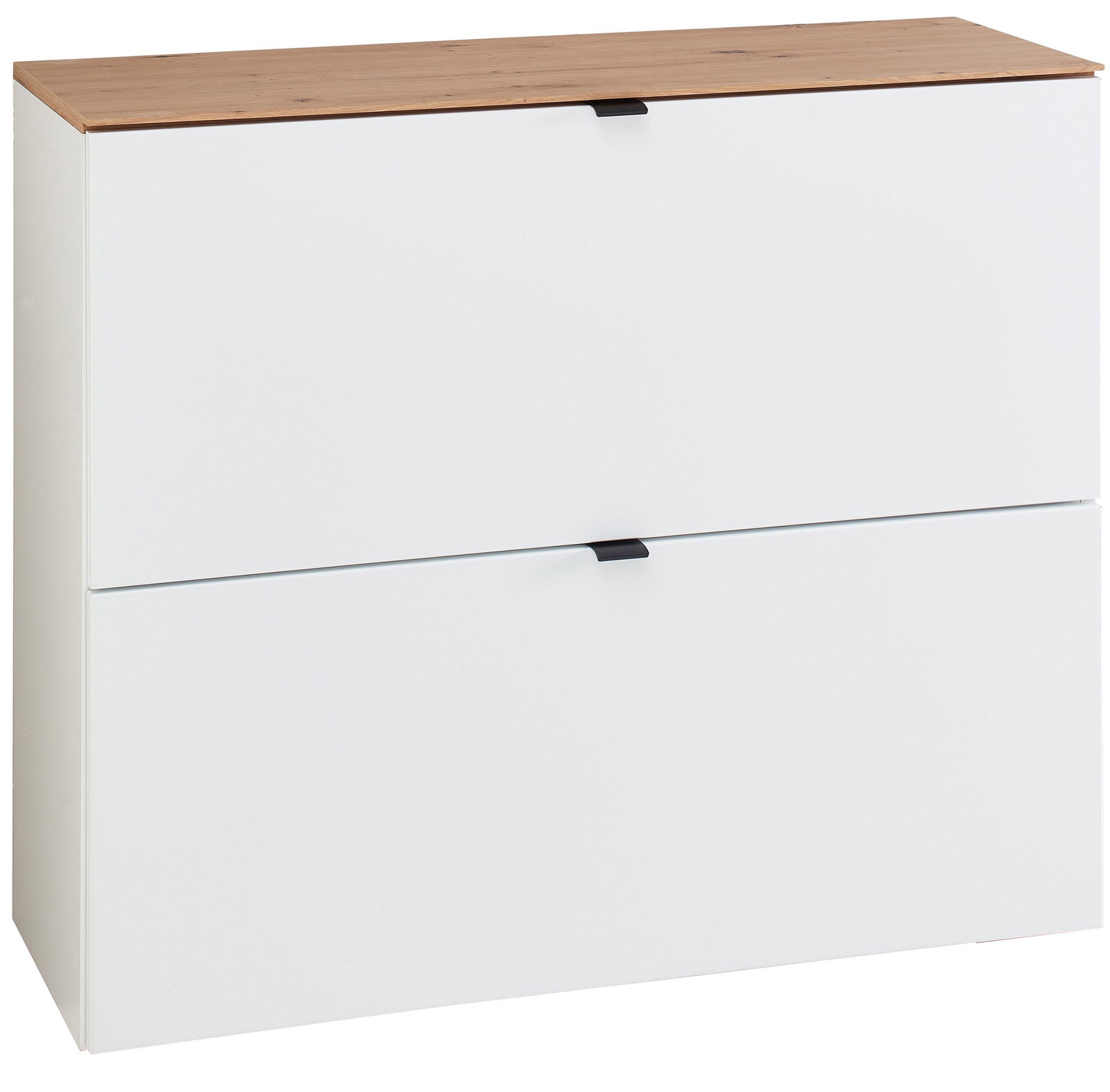 Voleo Hänge-Schuhschrank breit DIANA Moderner Hänge-Schuhschrank in Weiß mit Holzoberfläche, frontale Ansicht