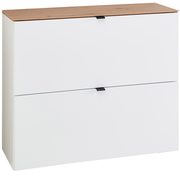 Moderner Hänge-Schuhschrank in Weiß mit Holzoberfläche, frontale Ansicht