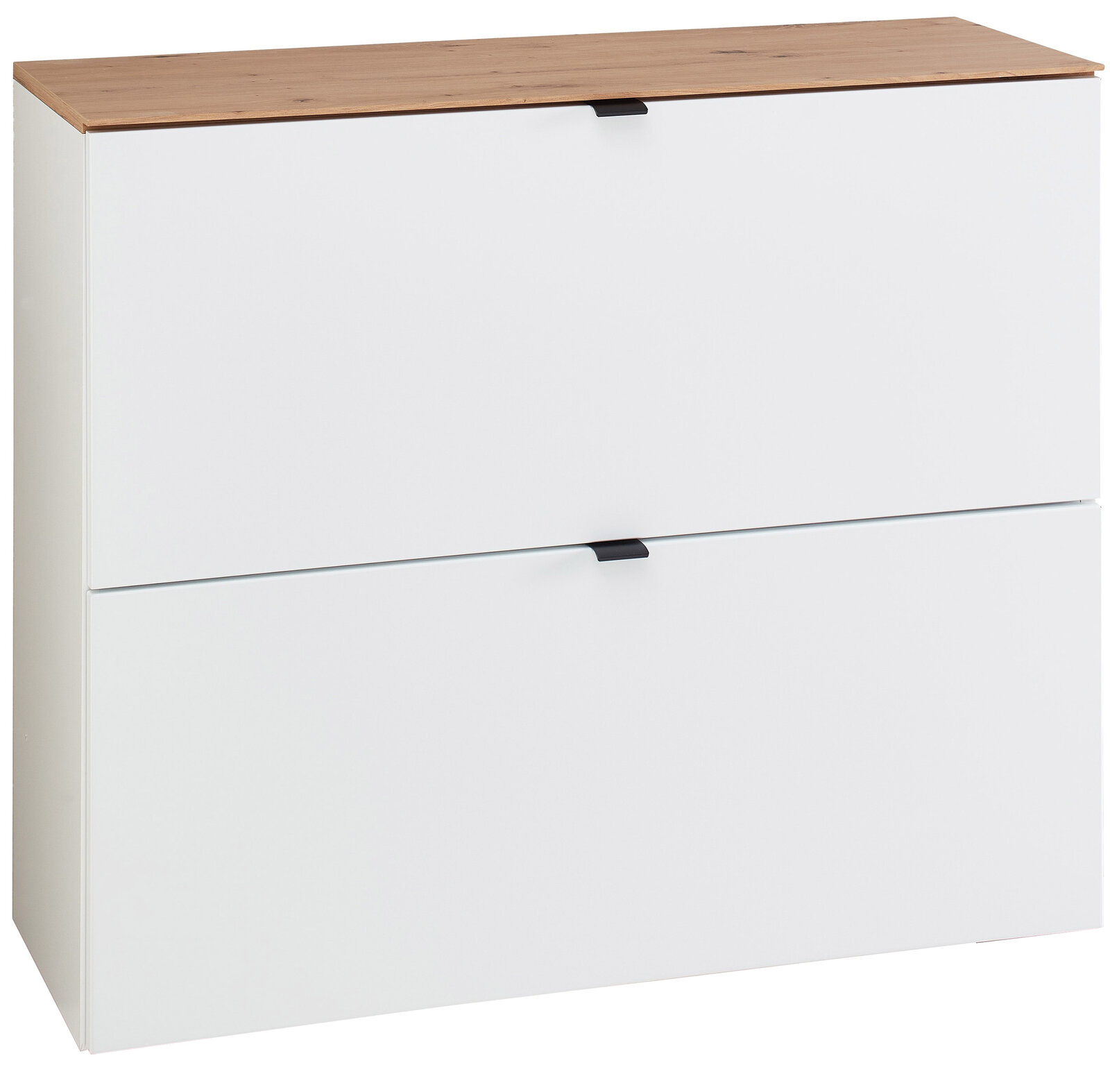 Voleo Hänge-Schuhschrank breit DIANA Moderner Hänge-Schuhschrank in Weiß mit Holzoberfläche, frontale Ansicht