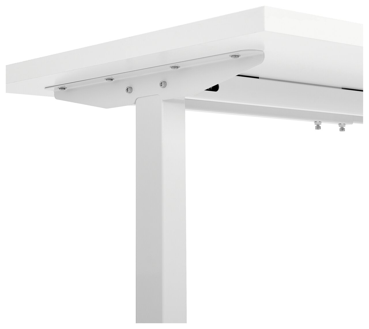 Elektrisches Fußgestell in weißer Farbe, seitliche Perspektive