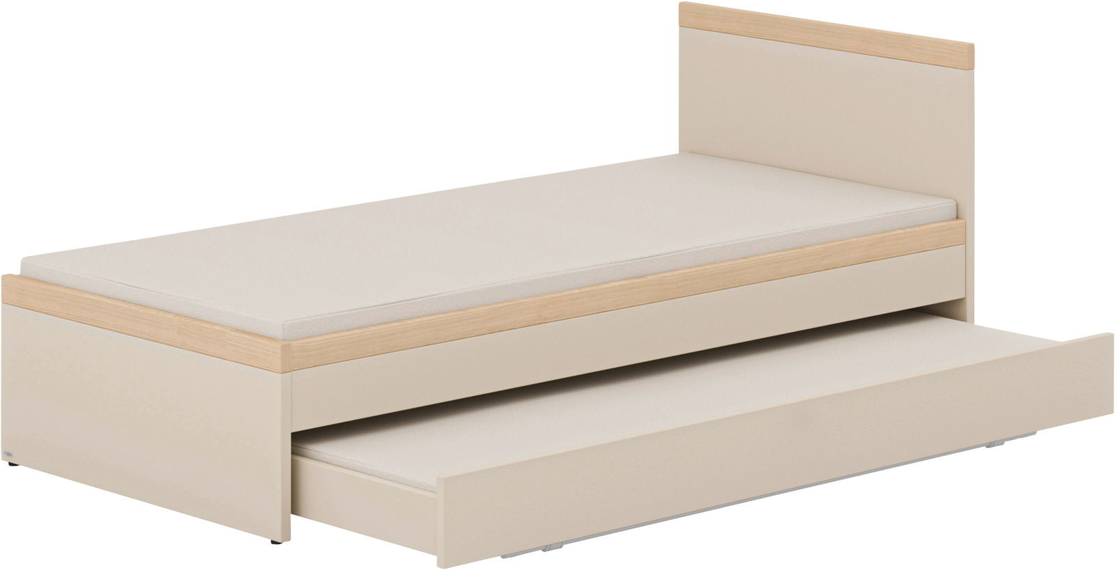 Ausziehbett Floyd in hellem Holz und Beige, seitliche Perspektive mit ausgezogenem Bettkasten