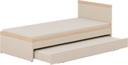 Ausziehbett Floyd in hellem Holz und Beige, seitliche Perspektive mit ausgezogenem Bettkasten