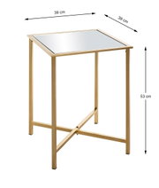 Quadratischer Beistelltisch mit goldfarbenem Metallgestell und Spiegelglasplatte, Maße ca. 39 x 39 x 53 cm, freigestellt aus schräger Vorderansicht von oben