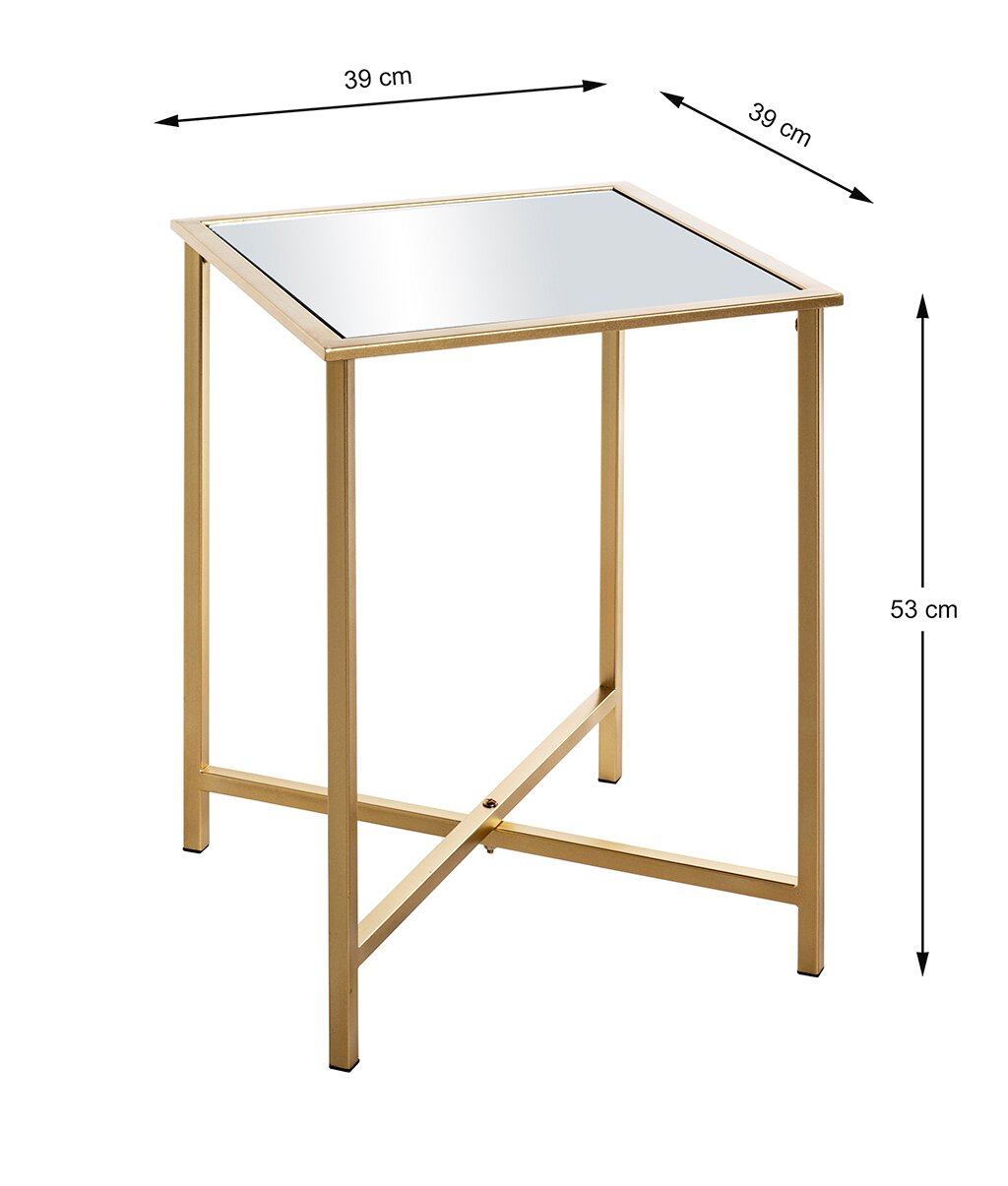 Quadratischer Beistelltisch mit goldfarbenem Metallgestell und Spiegelglasplatte, Maße ca. 39 x 39 x 53 cm, freigestellt aus schräger Vorderansicht von oben