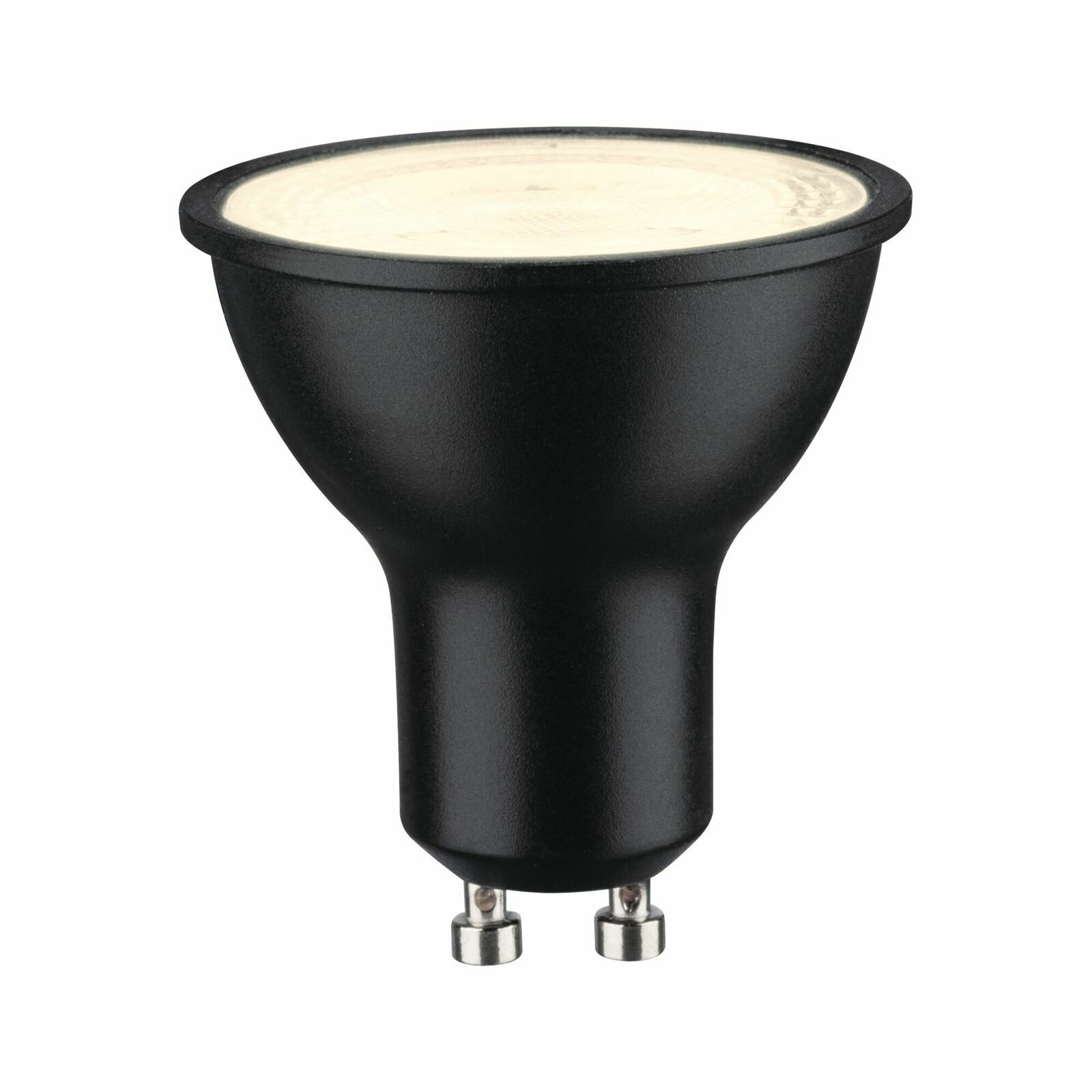 Schwarzes LED Leuchtmittel mit GU10-Sockel, seitliche Perspektive