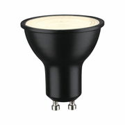 Schwarzes LED Leuchtmittel mit GU10-Sockel, seitliche Perspektive