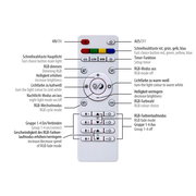 Fernbedienung für Deckenleuchte EDGING mit verschiedenen Tasten zur Steuerung von RGB-Farben, Helligkeit und Lichtmodi. Ansicht von oben.