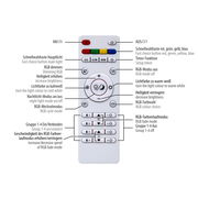 Fernbedienung für Deckenleuchte EDGING mit verschiedenen Tasten zur Steuerung von RGB-Farben, Helligkeit und Lichtmodi. Ansicht von oben.