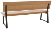 Rückansicht einer modernen Holzbank mit Metallbeinen, schlichtes Design