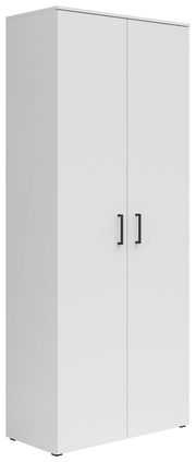 Weißer Mehrzweck-Vorratsschrank mit zwei Türen und schwarzen Griffen, seitliche Perspektive