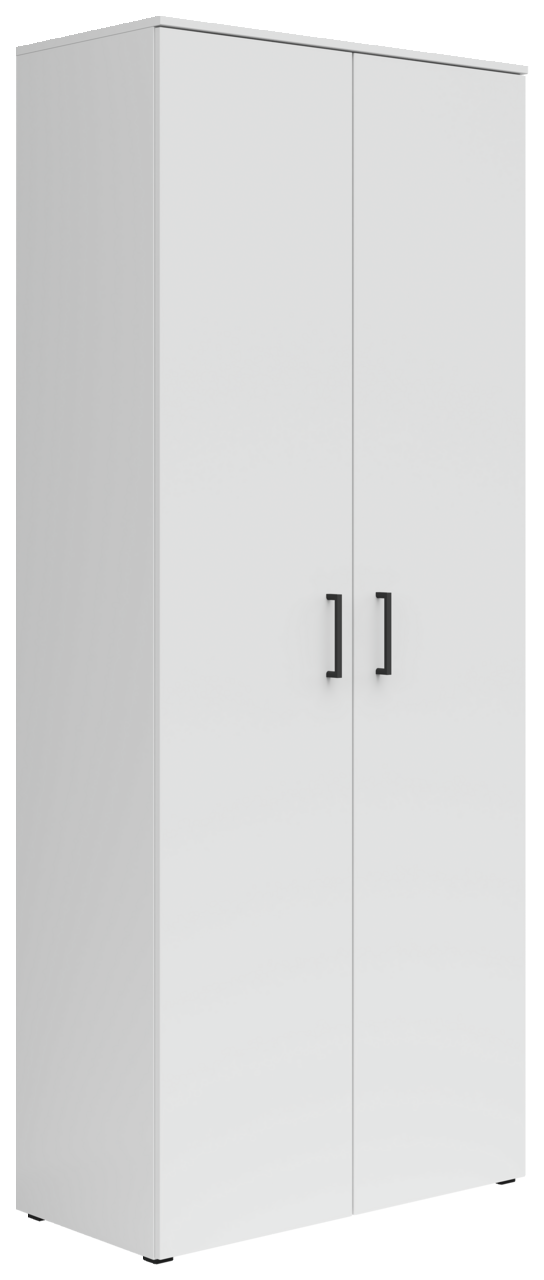 Carryhome Mehrzweck-/Vorratsschrank MULTISTAURAUM Weißer Mehrzweck-Vorratsschrank mit zwei Türen und schwarzen Griffen, seitliche Perspektive