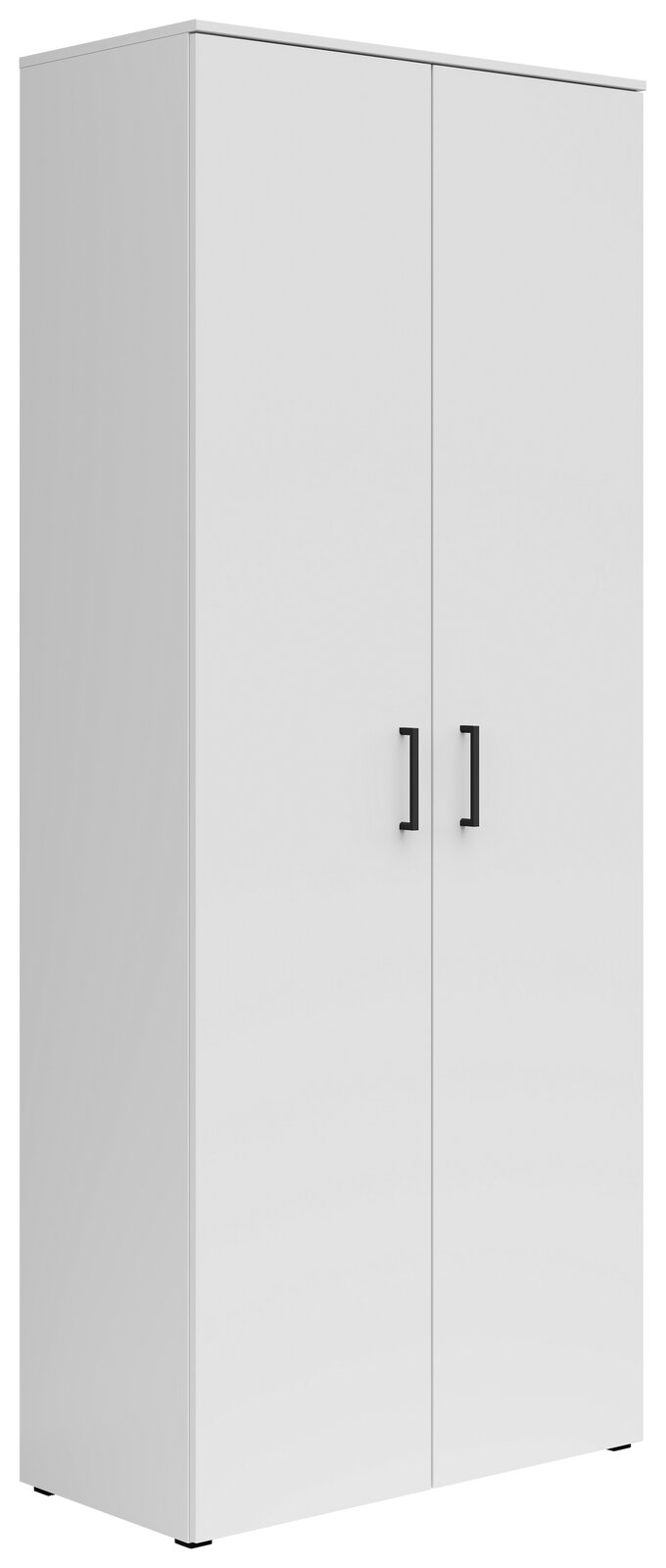 Carryhome Mehrzweck-/Vorratsschrank MULTISTAURAUM Weißer Mehrzweck-Vorratsschrank mit zwei Türen und schwarzen Griffen, seitliche Perspektive