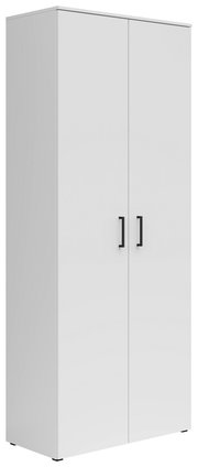 Weißer Mehrzweck-Vorratsschrank mit zwei Türen und schwarzen Griffen, seitliche Perspektive