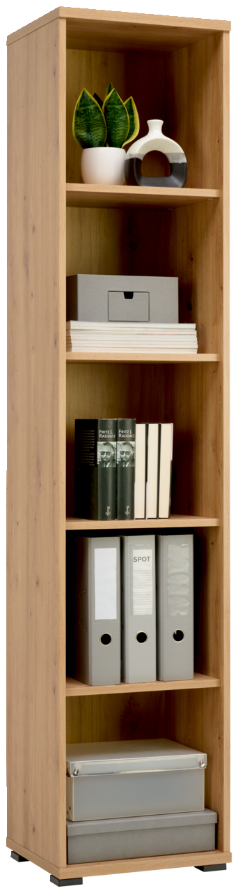 Hohes, schmales Regal aus Holz mit fünf Fächern, gefüllt mit Pflanzen, Dekoration, Büchern und Ordnern, frontal betrachtet.