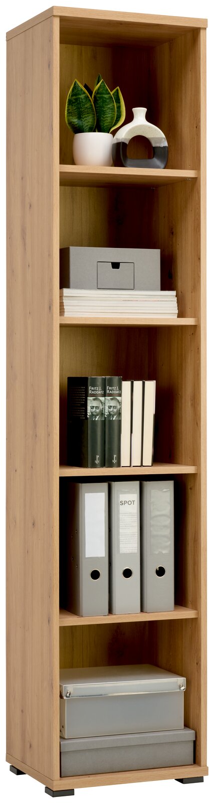 Hohes, schmales Regal aus Holz mit fünf Fächern, gefüllt mit Pflanzen, Dekoration, Büchern und Ordnern, frontal betrachtet.