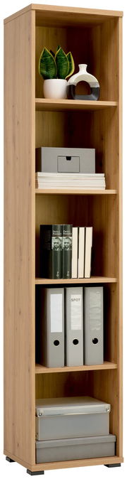 Hohes, schmales Regal aus Holz mit fünf Fächern, gefüllt mit Pflanzen, Dekoration, Büchern und Ordnern, frontal betrachtet.