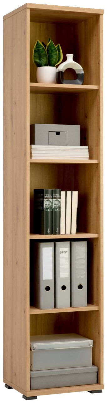 Hohes, schmales Regal aus Holz mit fünf Fächern, gefüllt mit Pflanzen, Dekoration, Büchern und Ordnern, frontal betrachtet.