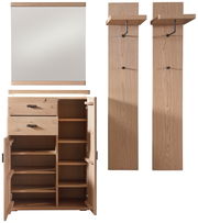 Garderobenkombination 4-tlg. aus Holz, bestehend aus einem Spiegel, einem Schrank mit offenen Türen und zwei Wandpaneelen mit Haken, frontal abgebildet.