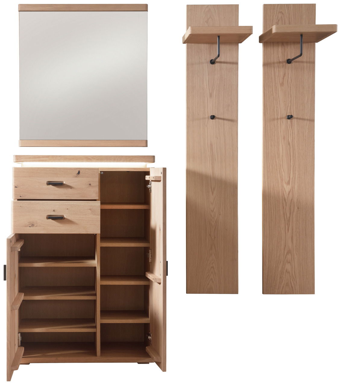 Garderobenkombination 4-tlg. aus Holz, bestehend aus einem Spiegel, einem Schrank mit offenen Türen und zwei Wandpaneelen mit Haken, frontal abgebildet.