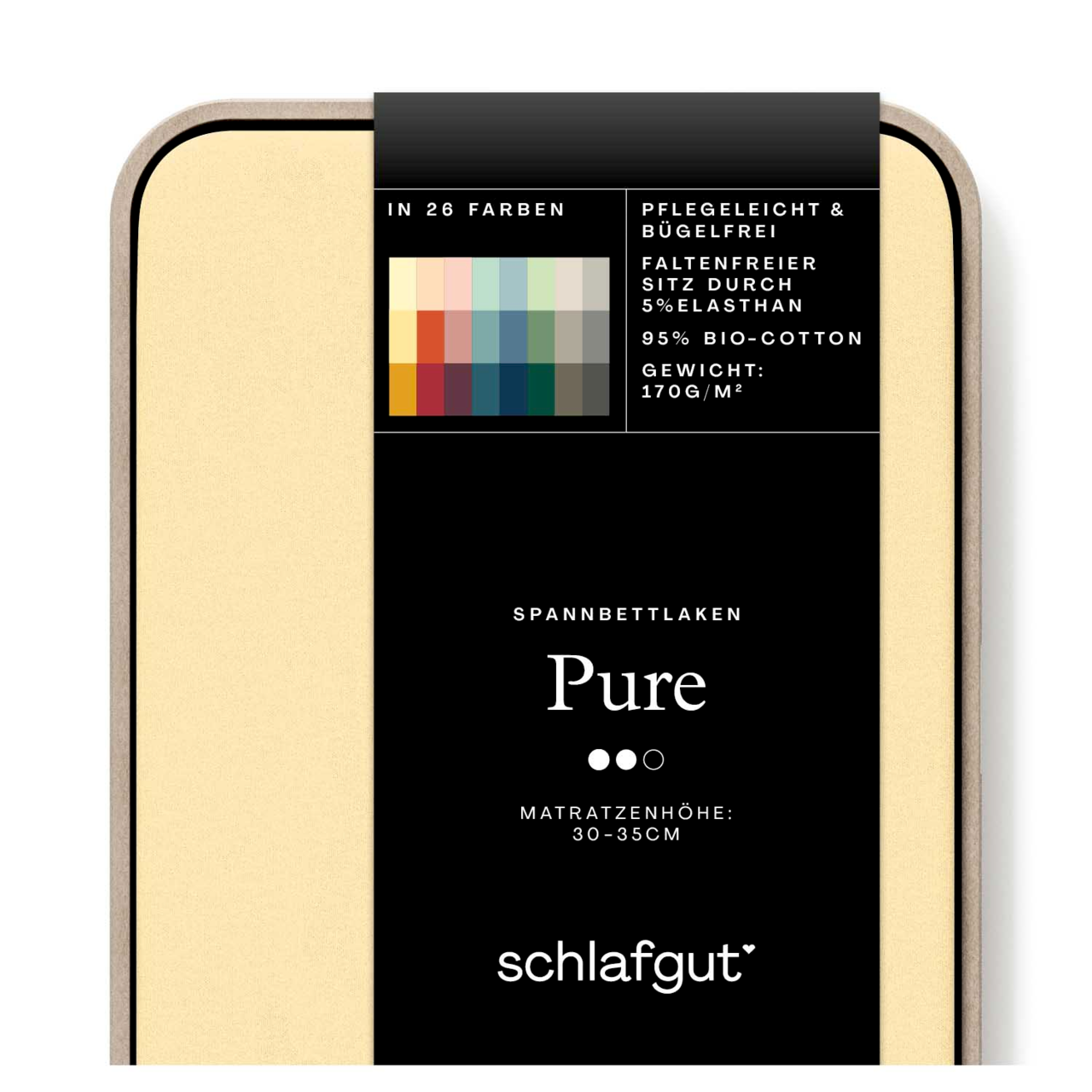 Verpackung eines Spannbettlakens in der Farbe Beige, mit Informationen zu Material und Pflege auf der Vorderseite. Perspektive von oben.