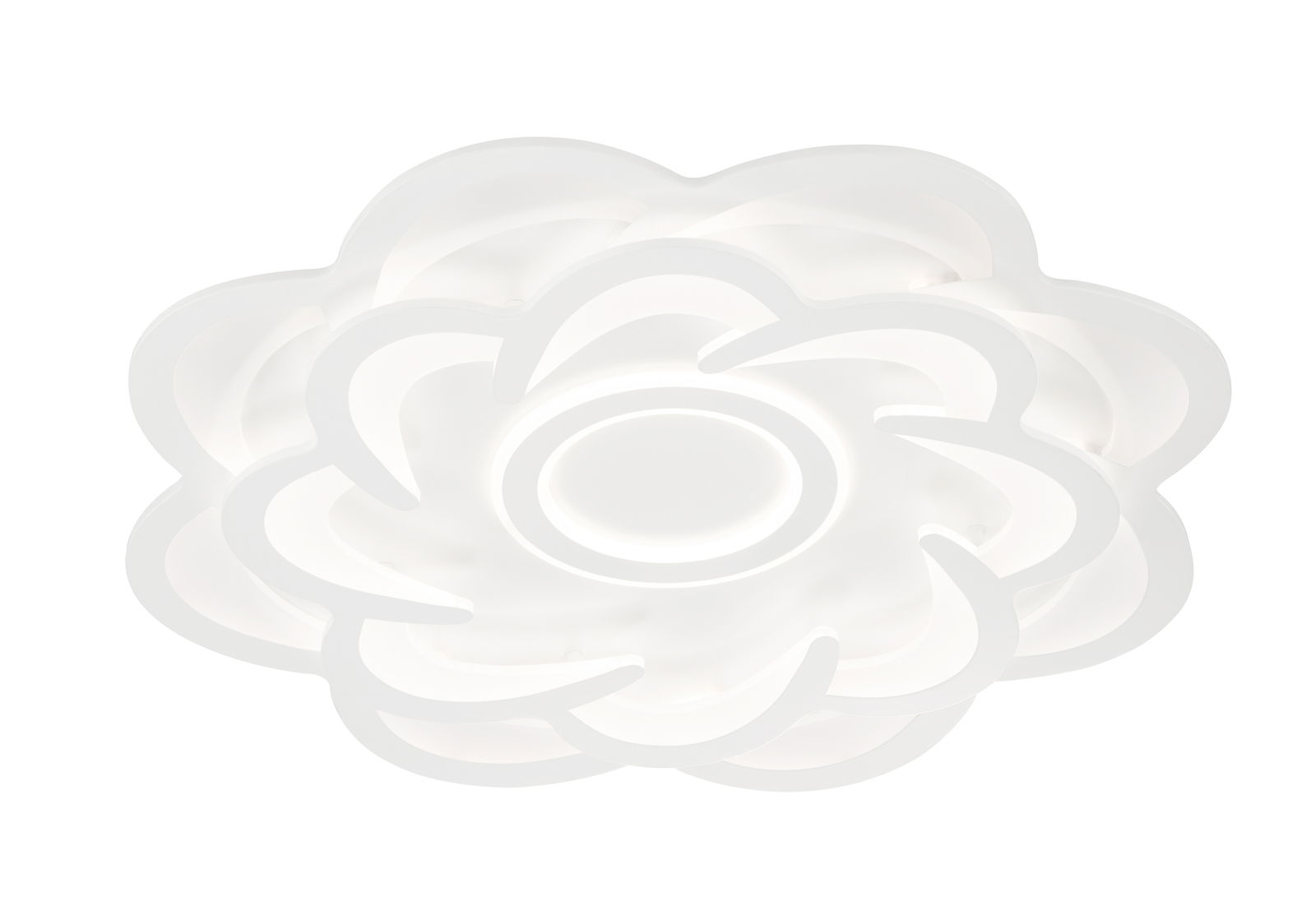 Moderne LED-Deckenleuchte in Blumenform, von unten betrachtet.