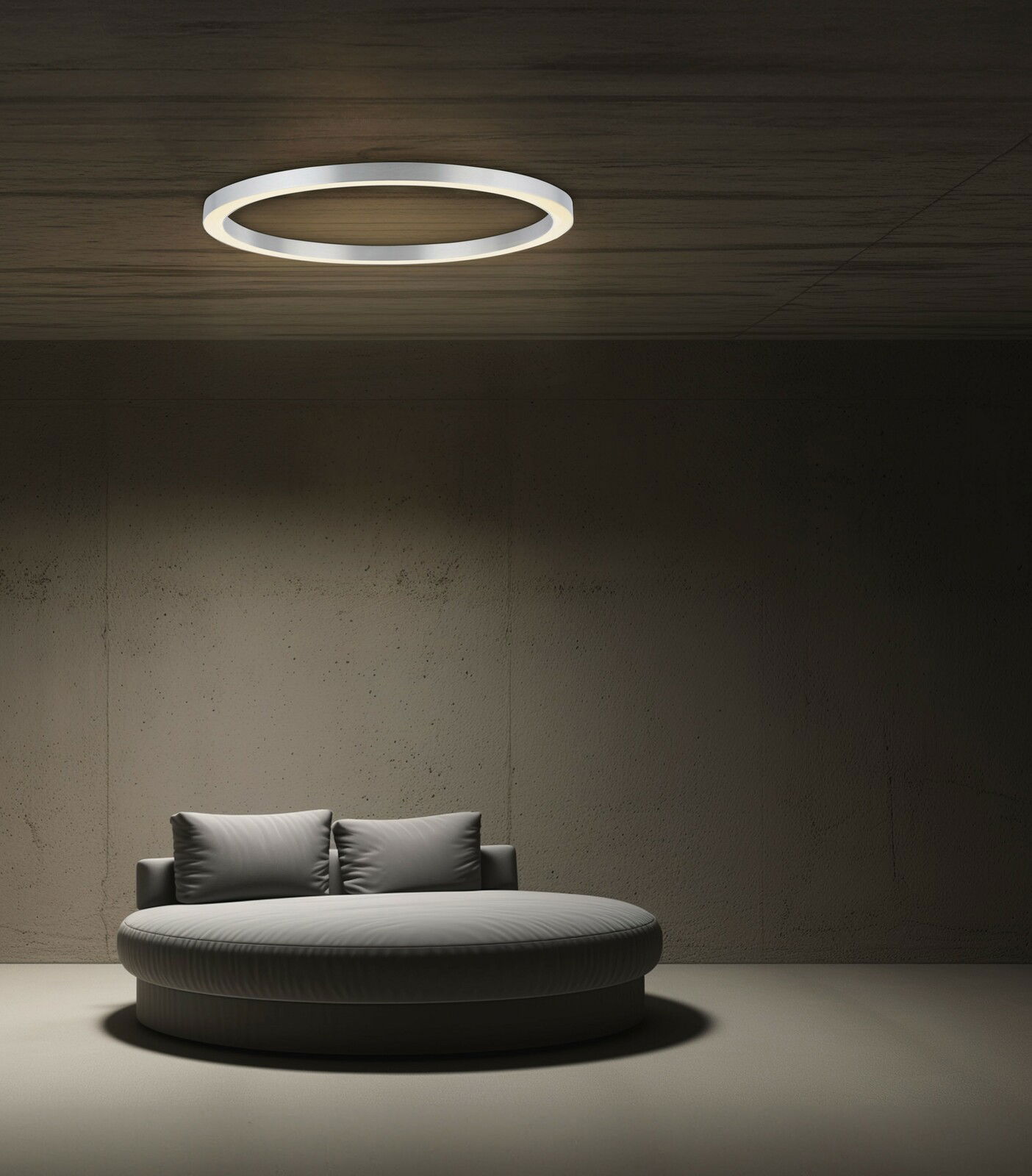 Moderne Deckenleuchte PURE-LINES von Paul Neuhaus, kreisförmig und minimalistisch, an der Decke eines stilvollen Raumes montiert, mit Blick von unten.