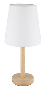 Tischleuchte mit weißem Lampenschirm und Holzfuß, Frontalansicht