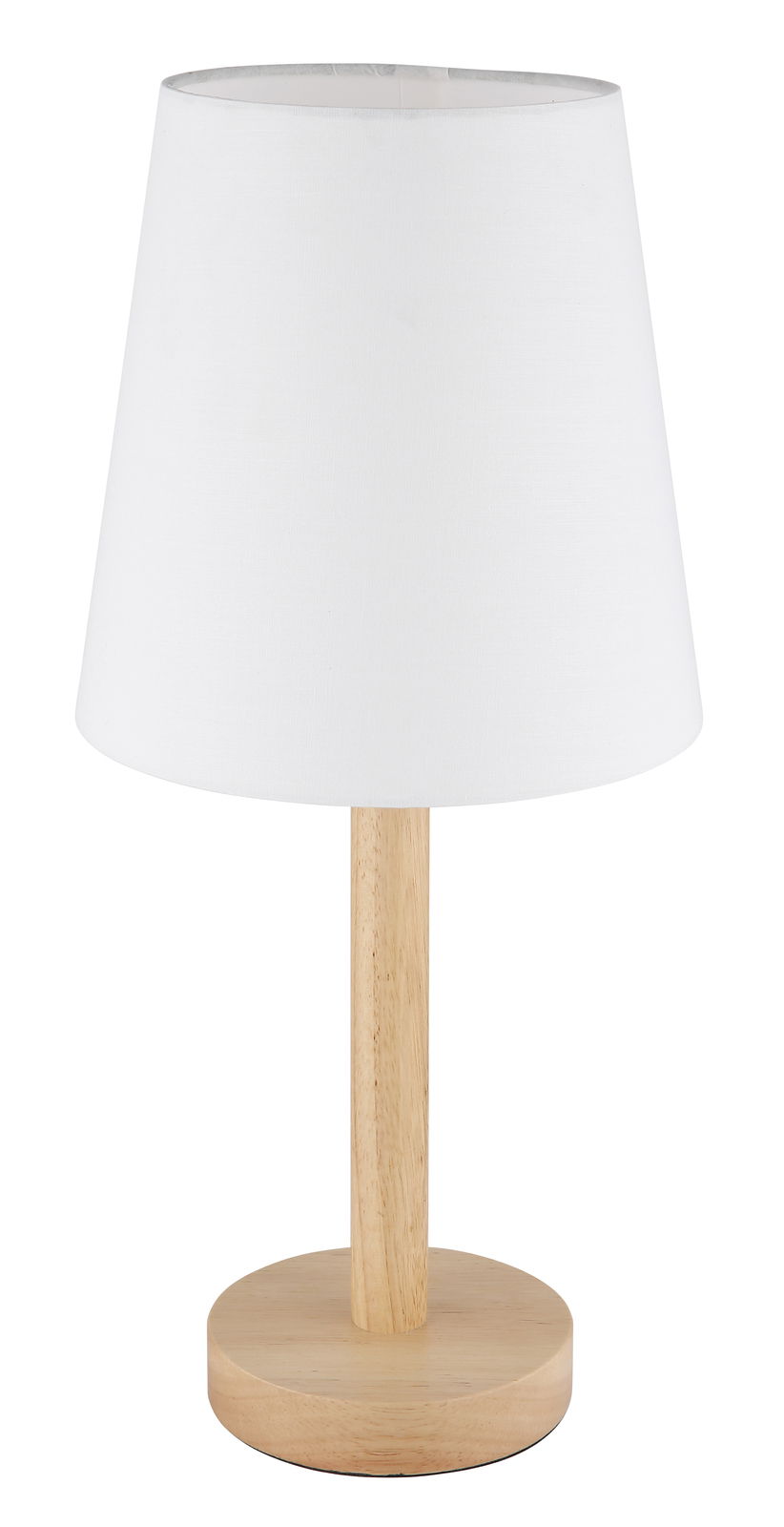 Tischleuchte mit weißem Lampenschirm und Holzfuß, Frontalansicht