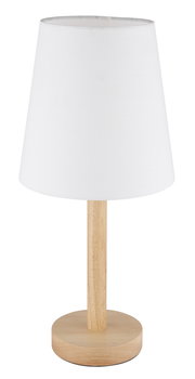 Tischleuchte mit weißem Lampenschirm und Holzfuß, Frontalansicht