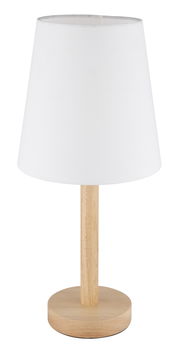 Tischleuchte mit weißem Lampenschirm und Holzfuß, Frontalansicht