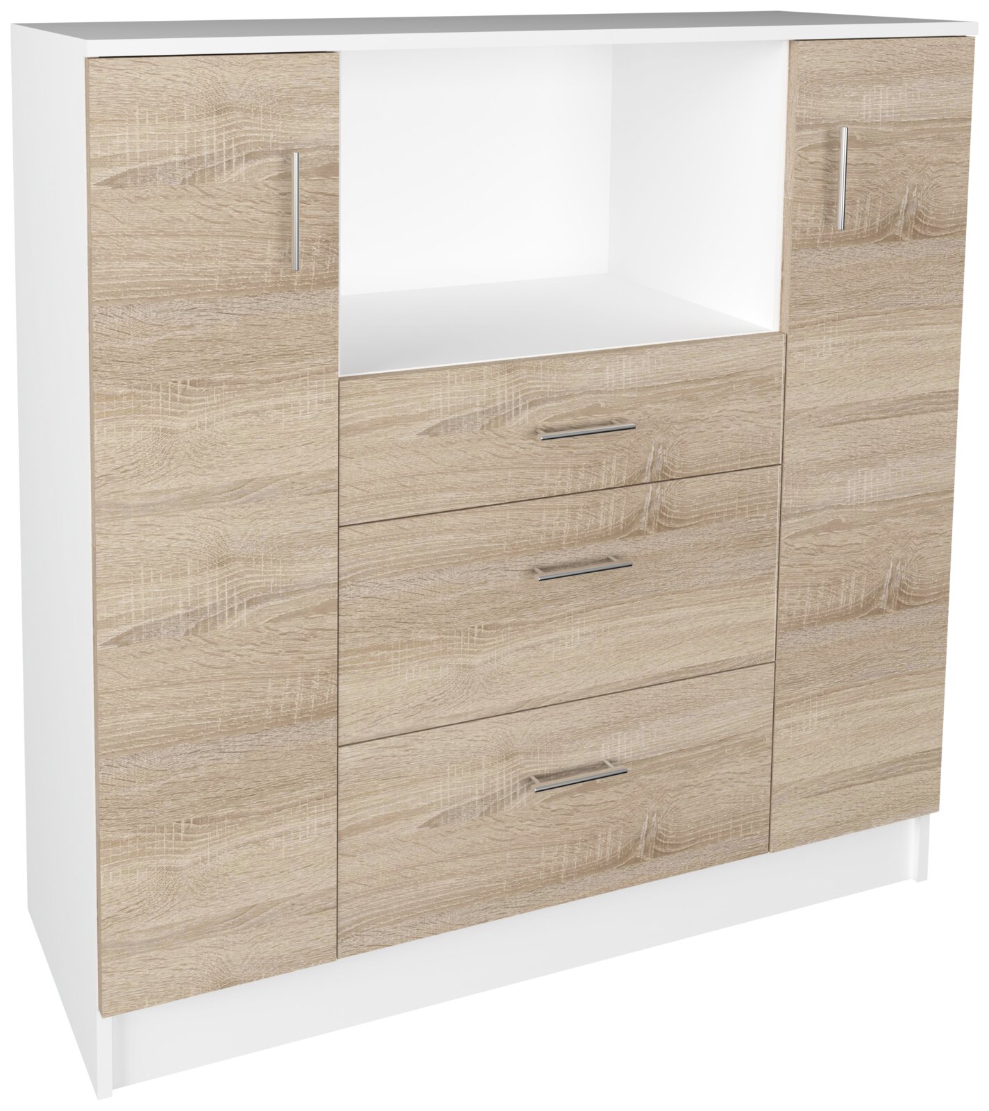 Frontansicht eines modernen Sideboards in Weiß mit Eiche-Sonoma-Optik, zwei Schranktüren, drei Schubladen und offenem Fach, mit silberfarbenen Griffen