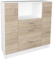 Frontansicht eines modernen Sideboards in Weiß mit Eiche-Sonoma-Optik, zwei Schranktüren, drei Schubladen und offenem Fach, mit silberfarbenen Griffen