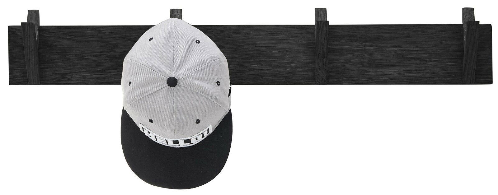 Schwarze Hakenleiste mit vier Haken, frontal abgebildet, mit einer grauen Kappe an einem der Haken.
