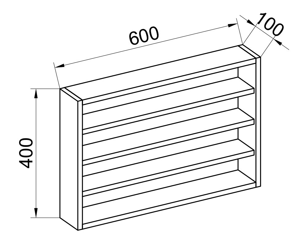 Isometrische Ansicht eines rechteckigen Wandregals mit drei Ablageböden, Maße ca. 600 mm Breite, 400 mm Höhe und 100 mm Tiefe (technische Zeichnung).
