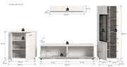Weißes Wohnzimmermöbel-Set aus Sideboard, Lowboard und Vitrine mit Türen und Glasfront, mit eingezeichneten Maßen und Belastungsangaben, dargestellt in Frontansicht (teils mit geöffneter Tür).