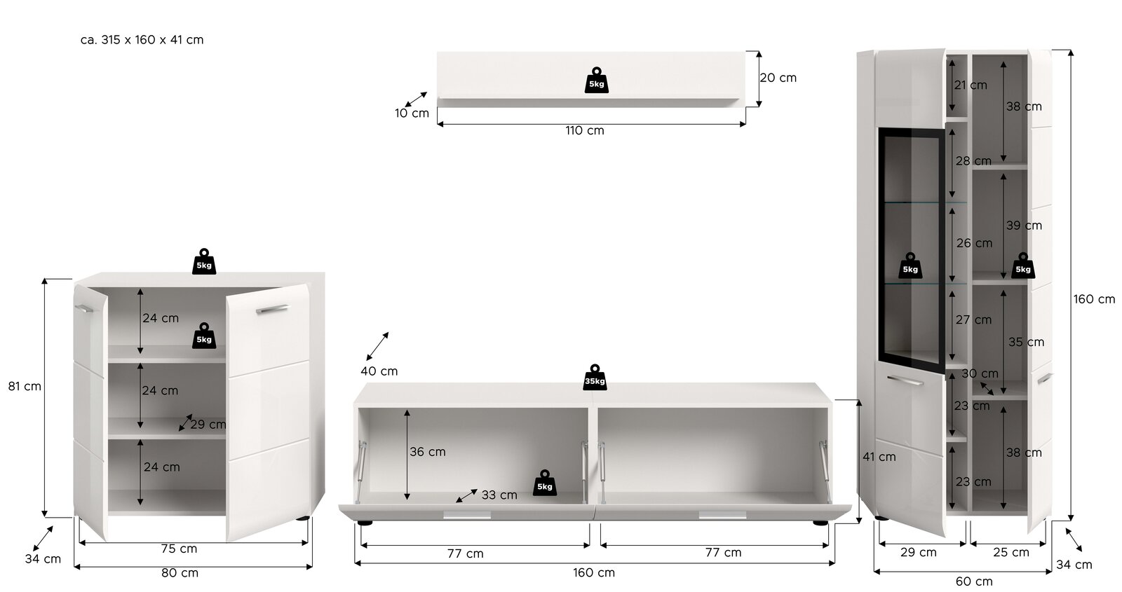 Weißes Wohnzimmermöbel-Set aus Sideboard, Lowboard und Vitrine mit Türen und Glasfront, mit eingezeichneten Maßen und Belastungsangaben, dargestellt in Frontansicht (teils mit geöffneter Tür).