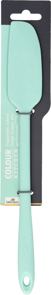 Mintfarbener, schmaler Teigschaber von Birkmann, frontal abgebildet auf einer Verpackung.