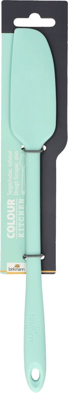 Mintfarbener, schmaler Teigschaber von Birkmann, frontal abgebildet auf einer Verpackung.