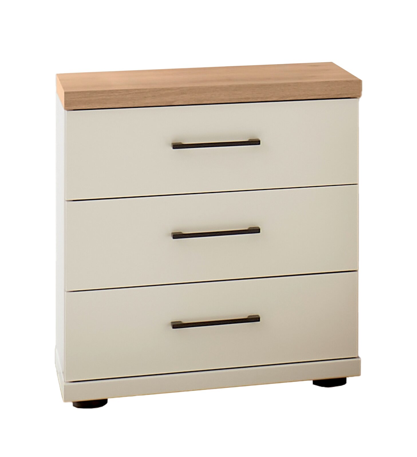 Landscape Nachtschrank SKAGEN Weiße Kommode mit drei Schubladen, Holzoptik-Deckplatte und schwarzen Griffen, freigestellt auf weißem Hintergrund, in frontaler leicht schräger Perspektive von vorn links