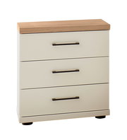 Weiße Kommode mit drei Schubladen, Holzoptik-Deckplatte und schwarzen Griffen, freigestellt auf weißem Hintergrund, in frontaler leicht schräger Perspektive von vorn links