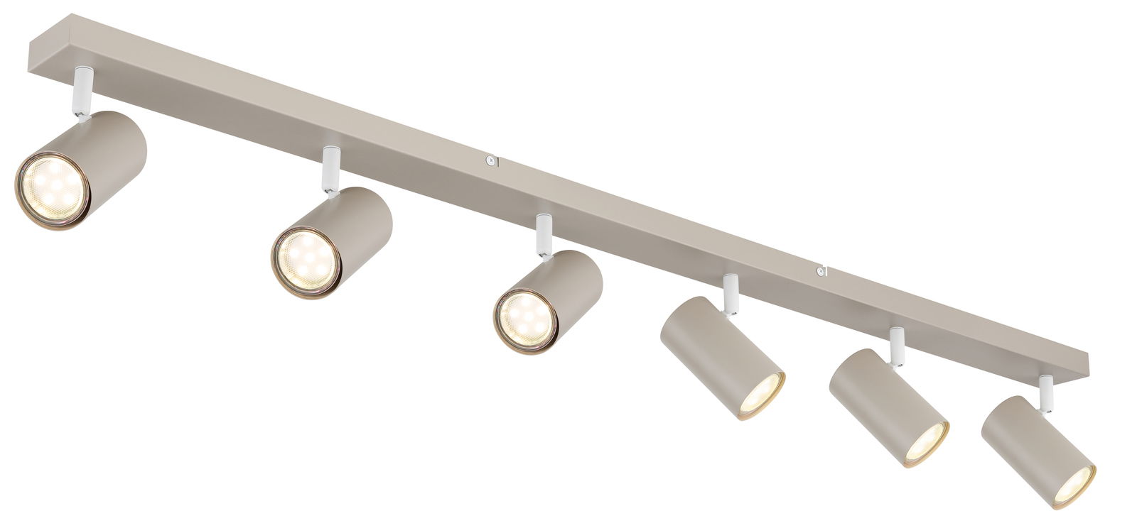 Sechsflammiger Deckenstrahler in seitlicher Perspektive, mit zylinderförmigen, verstellbaren Leuchten in modernem Design.