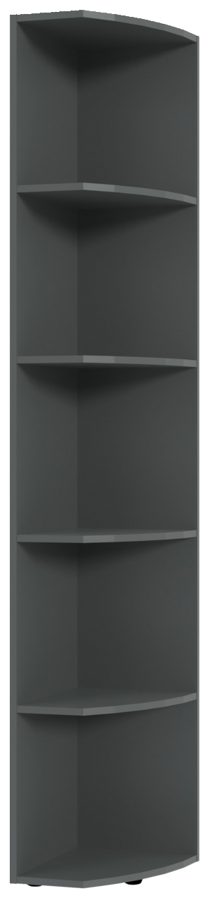 Eckregal mit fünf Ablageflächen in dunklem Grau, frontal betrachtet