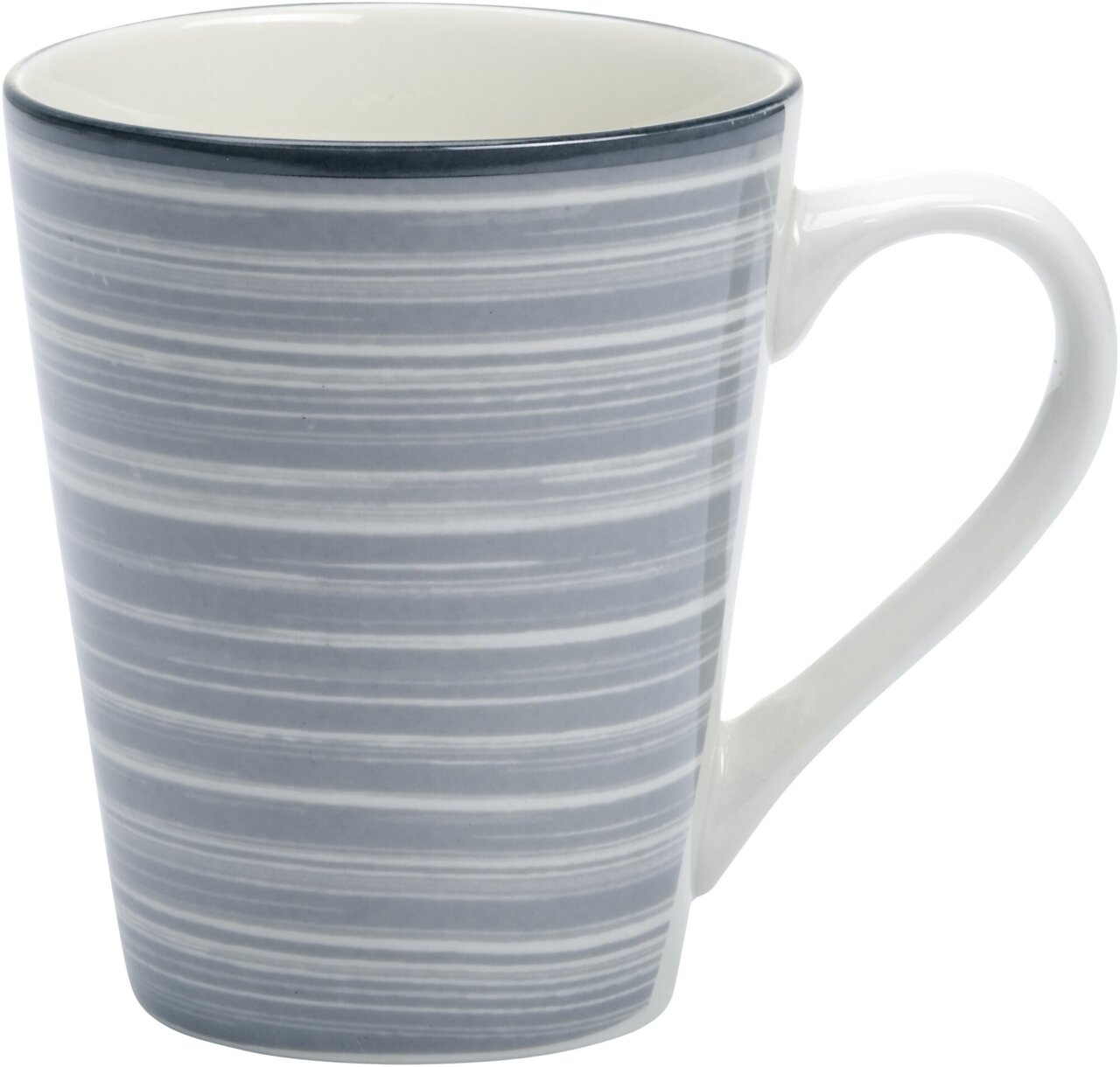 Grauer Becher Sendai 300ml mit horizontalen Streifen, seitliche Perspektive