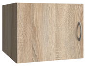 Holzfarbener Schrankaufsatz mit Metallgriff, seitliche Perspektive