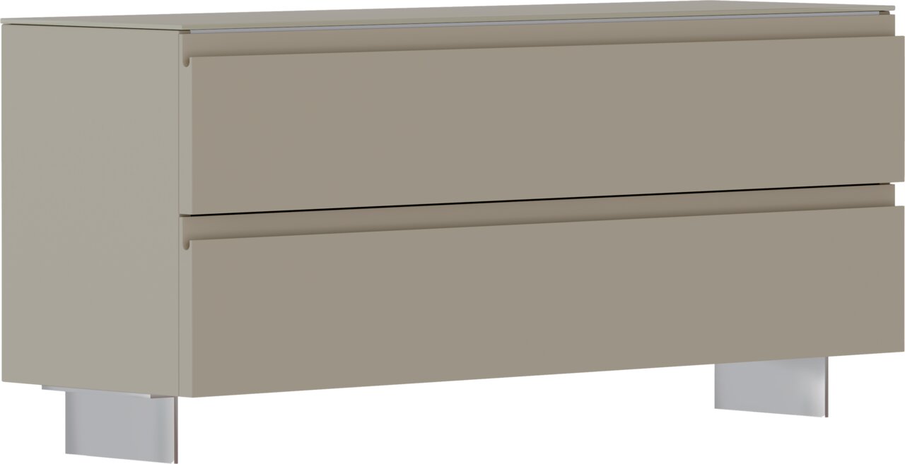 Garderobebank in beige met twee lades, zijaanzicht