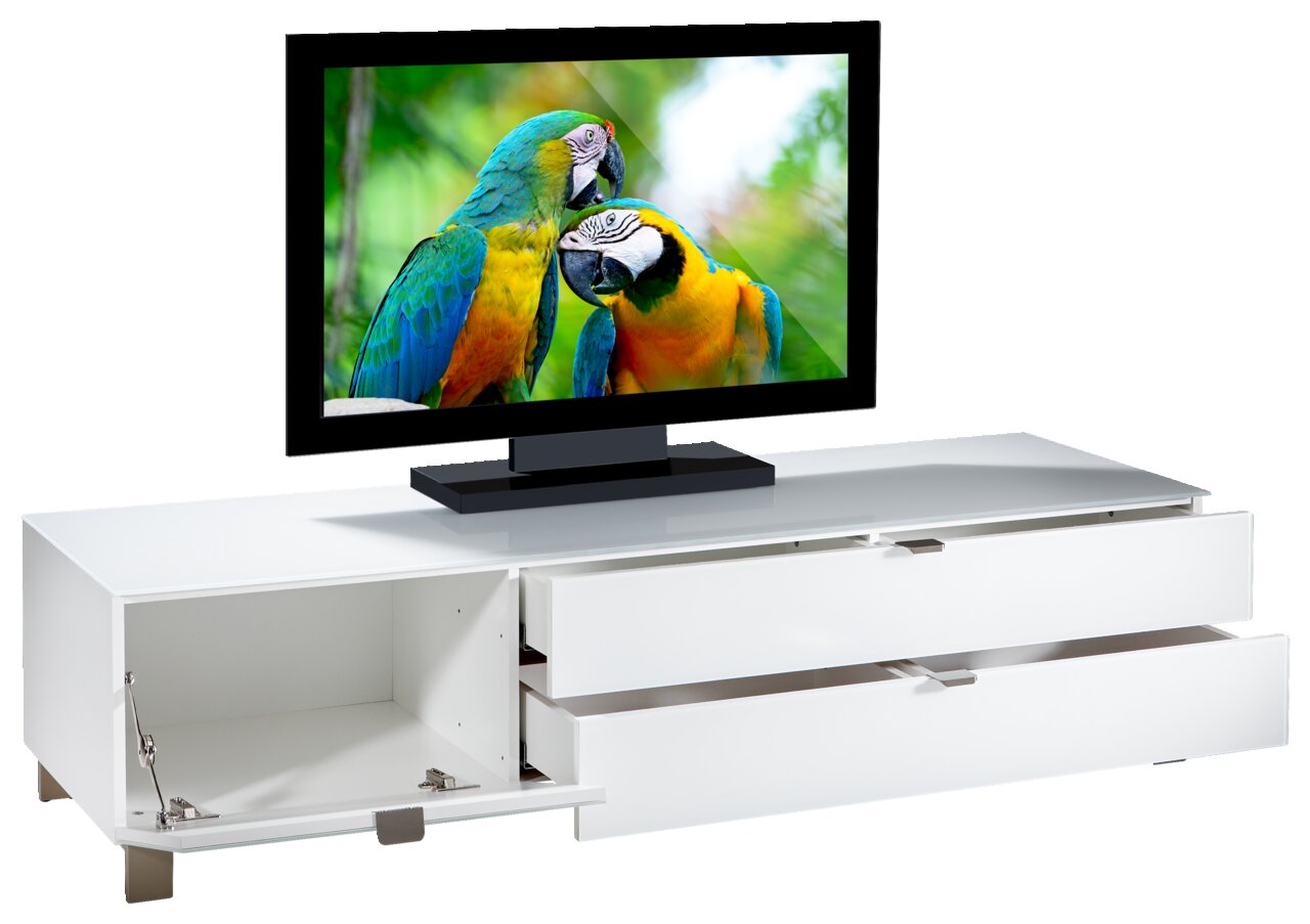 Weißes TV-Lowboard mit zwei Schubladen und einem offenen Fach, darauf steht ein Fernseher mit einem Bild von zwei Papageien, Perspektive von vorne.